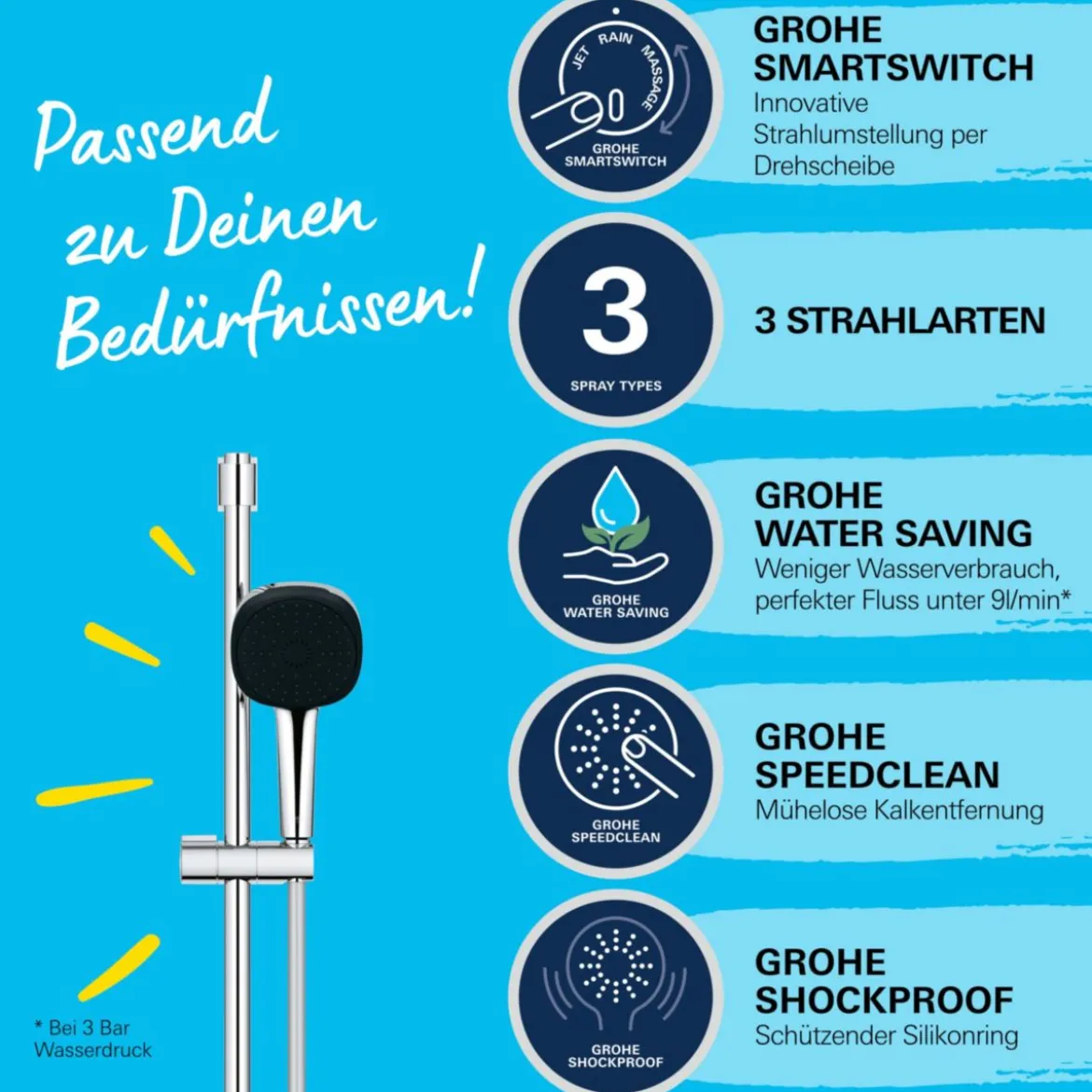 Grohe Brausestangenset Vitalio Comfort 110 3 Strahlarten (Rain, Jet, Massage)