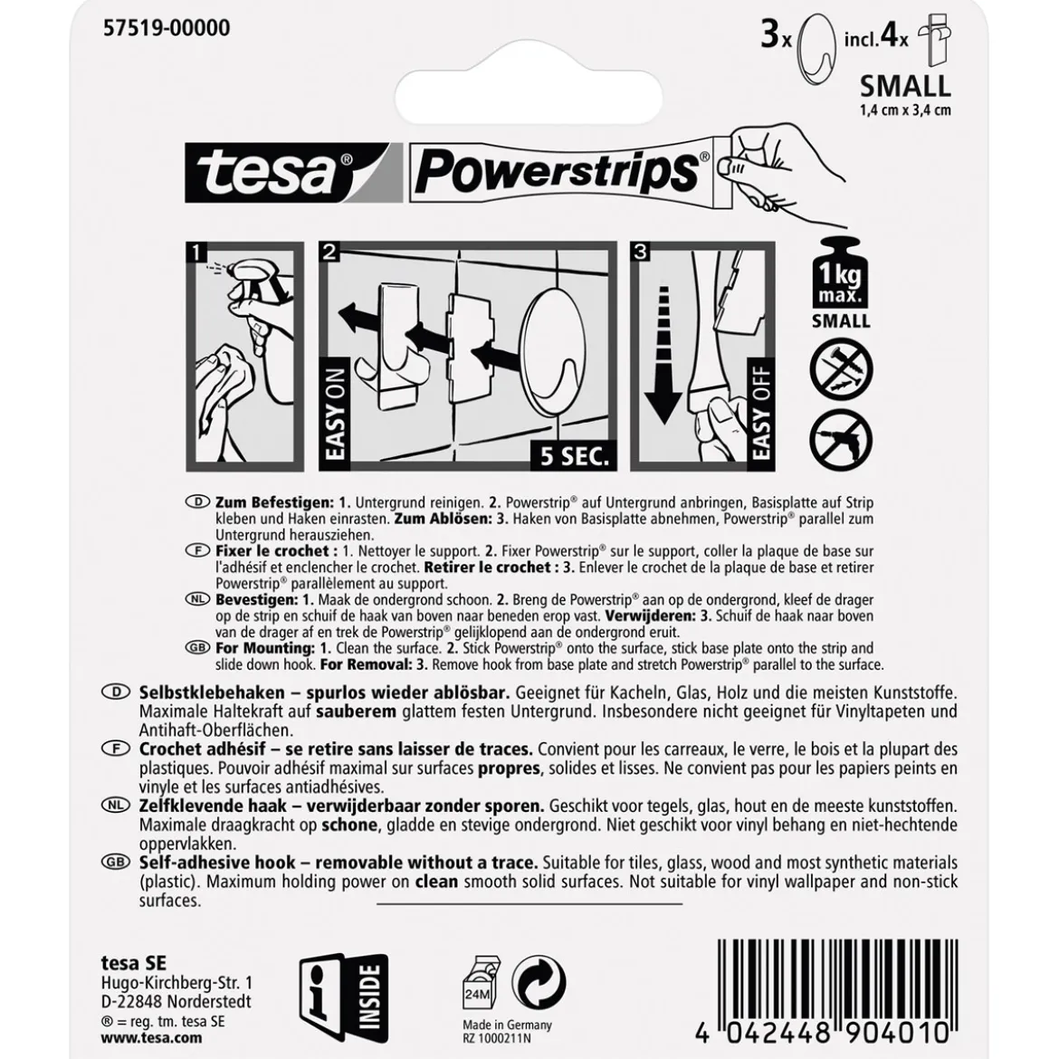 Tesa Haken Powertstripe Small chrom Oval 3 Haken und 4 Strips